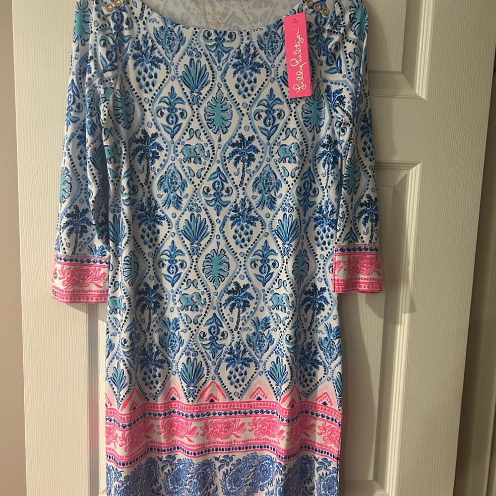 Lilly Pulitzer Blue and Pink Sheath Dress 3/4 Sleeve Resort Wear
